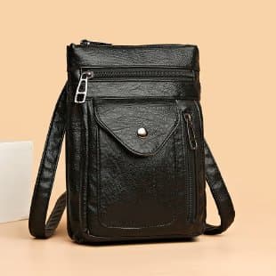 黒バッグ 多機能ポケット付き縦型ショルダーバッグ