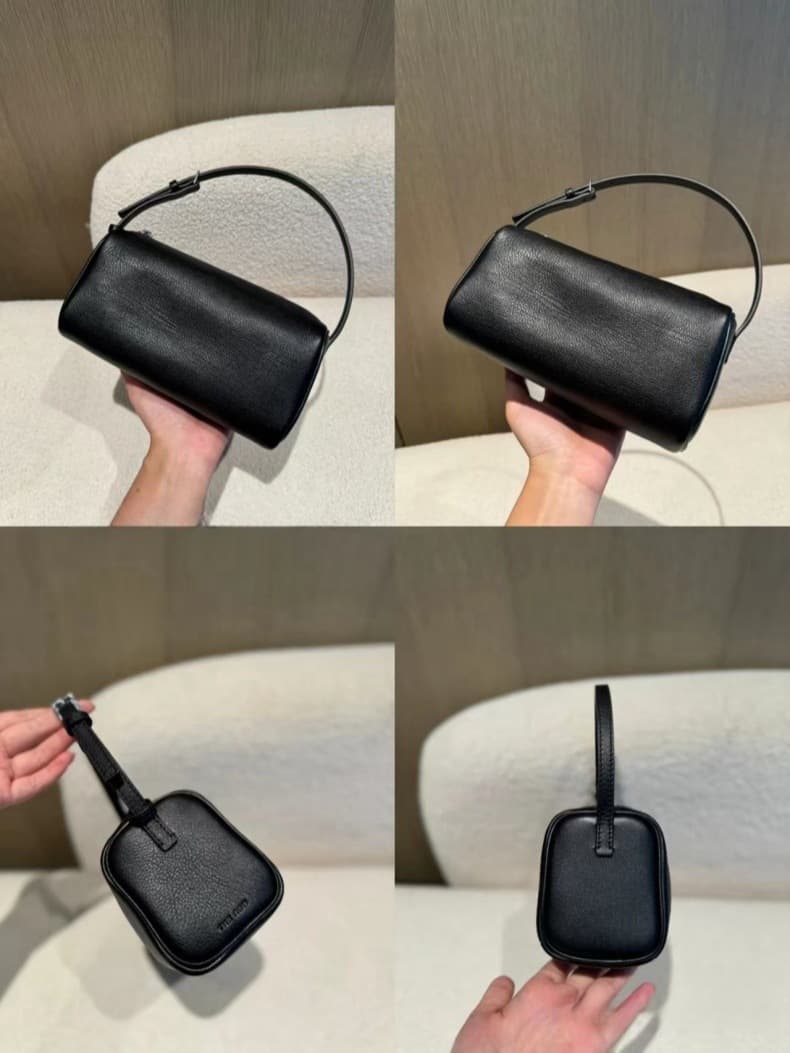 黒バッグ シンプル筒型レザー調ハンドバッグ